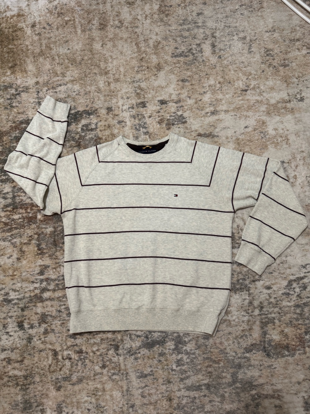Tommy Hilfiger Men’s Light Tan and Brown Stripe Crewneck Sweater